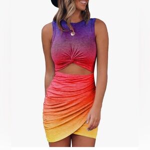 SUNSET OMBRÉ CUTOUT SUMMER DRESS WOMENS LARGE PURPLE/YELLOW/ORANGE